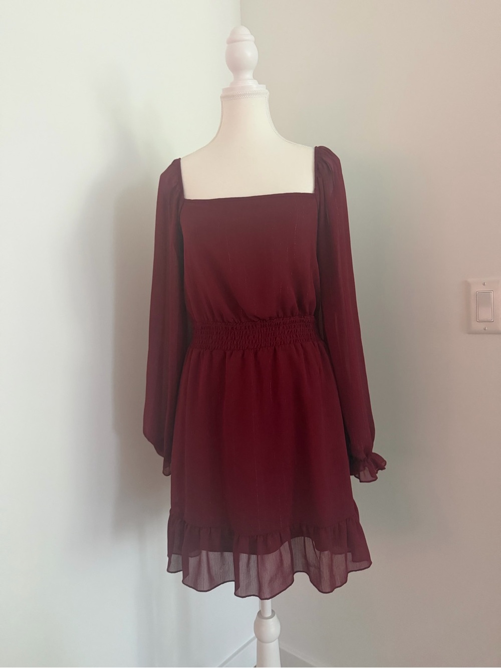 Altar'd State Burgundy Square Neck Long Sleeve Ruffle Hem Dress‎
